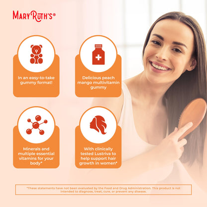 MaryRuth's Multivitamin + Hair Growth Gummies - with Lustriva - Biotin 10000mcg - B Vitamins - Formulated for Thicker Hair, Wrinkles, Fine Lines, Skin Care - Ages 18+ - 30 Servings