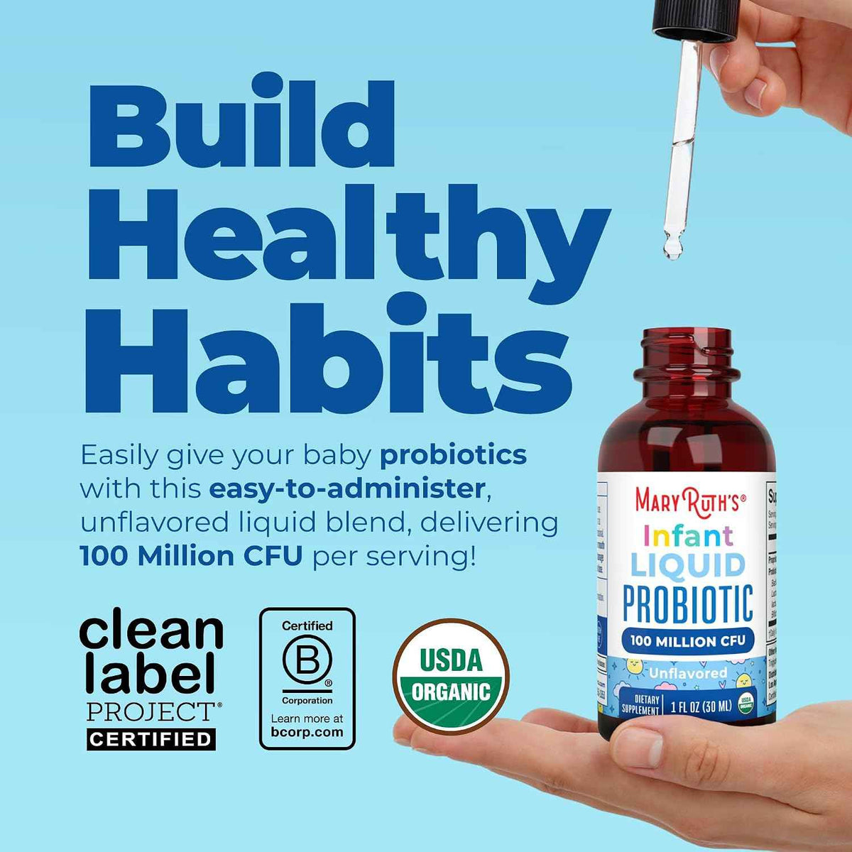 MaryRuth's Organic Infant Liquid Probiotic for Ages 6-12 Months - 100 Million CFU - 5 Probiotic Strains - Probiotics for Infants - Proprietary Probiotic Blend - USDA Organic - Vegan - Unflavored - 1 oz