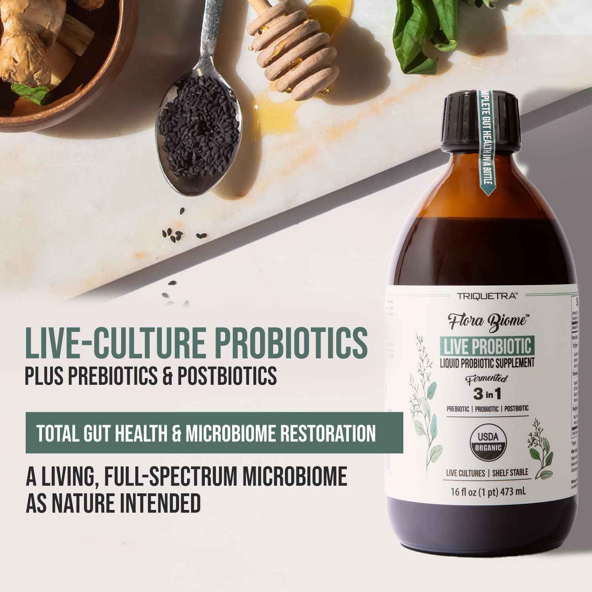 Flora Biome - Live Probiotic, Prebiotic, & Postbiotic - Organic Live-Culture - 10 Probiotic Strains, 18 Fermented Herbs - Complete Gut Health & Microbiome Optimizer (16 oz)