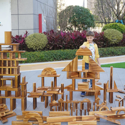 Small Outdoor Wooden Building Blocks 67 Pcs for Kids– Carbonized Pine Construction Set, Smooth Sensory Blocks for Preschool, Daycare, Homeschool, STEM Building Toys Fine Motor Skills (18.7lbs/8.5kg)