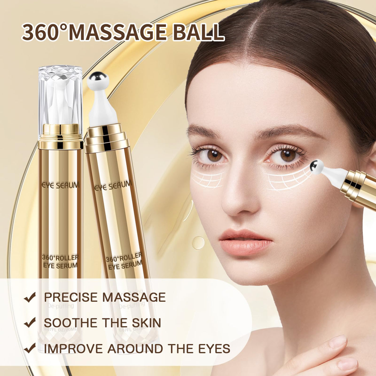 5% Caffeine Eye Serum with 360° Cooling Massage Ball (0.67 fl oz) - Rapid Treatment for Dark Circles, Puffiness & Eye Bags | Hyaluronic Acid Anti-Aging Serum for Men & Women