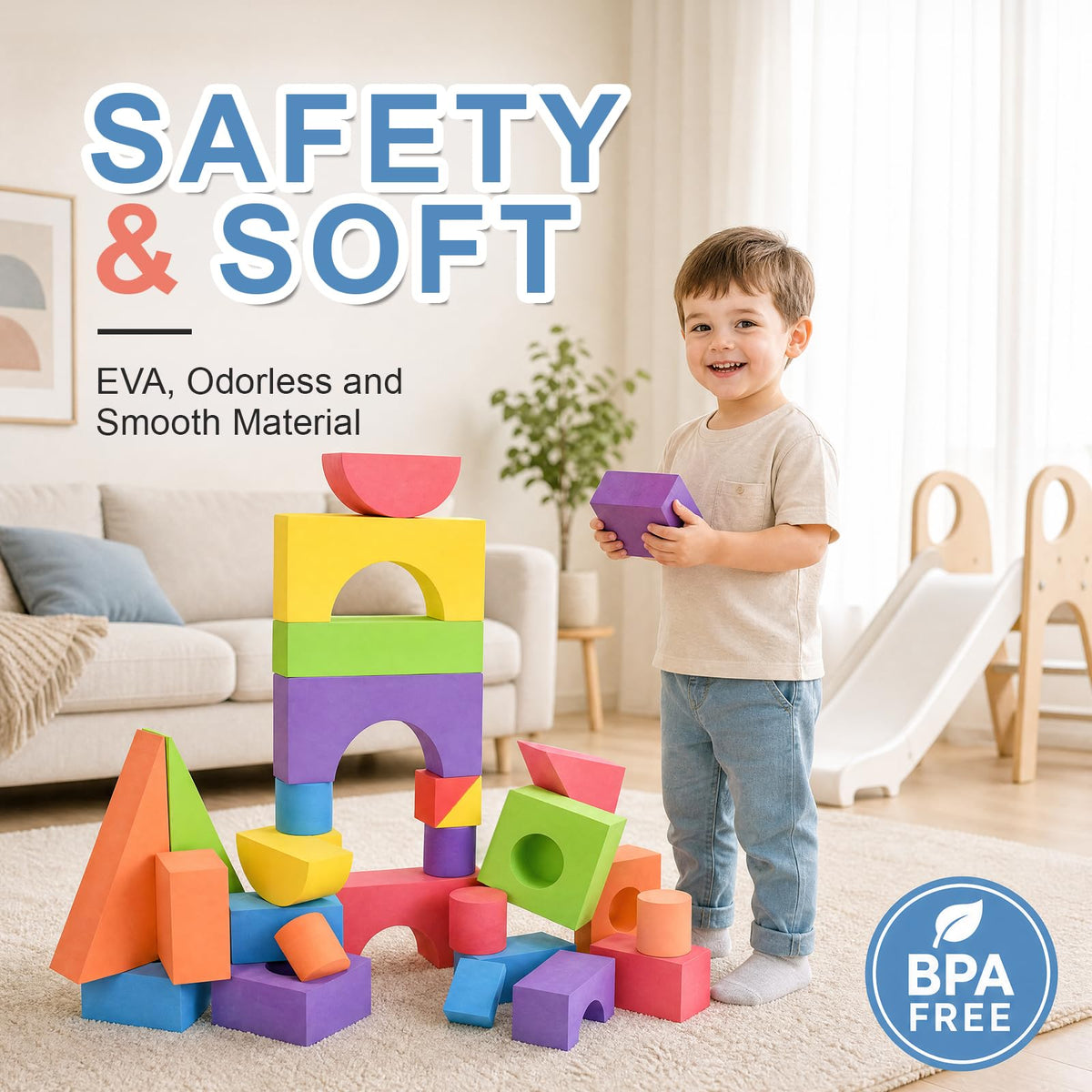 Bingyouth Large Building Foam Blocks for Toddlers, EVA Stacking Foam Building Blocks Toy Set, Non-Toxic, Washable, Early Learning Construction Toys & Gifts for Kids Boys & Girls (Blue, Pieces, 60)