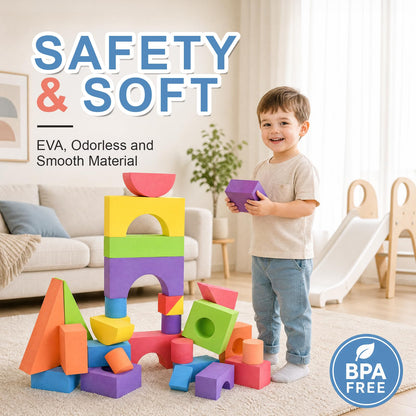 Bingyouth Large Building Foam Blocks for Toddlers, EVA Stacking Foam Building Blocks Toy Set, Non-Toxic, Washable, Early Learning Construction Toys & Gifts for Kids Boys & Girls (Blue, Pieces, 60)