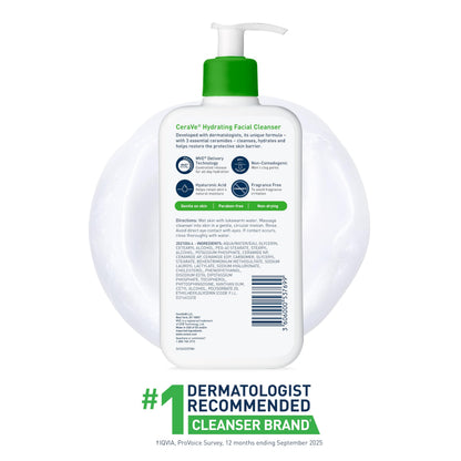 CeraVe Hydrating Facial Cleanser, Moisturizing Face Wash For Dry Skin, Hyaluronic Acid + Ceramides + Glycerin, Hydrating Cleanser For Normal To Dry Skin, National Eczema Association Certified