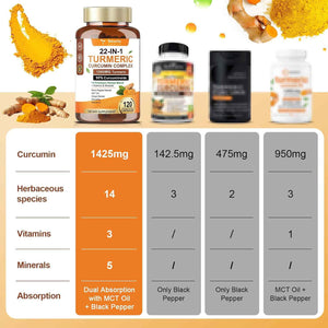 22-in-1 Turmeric Curcumin 2348mg - 95% Curcuminoids with Black Pepper, MCT Oil & Vitamin C - High Absorption Turmeric Curcumin Supplement for Antioxidant, Joint & Immune Support - 120 Capsules