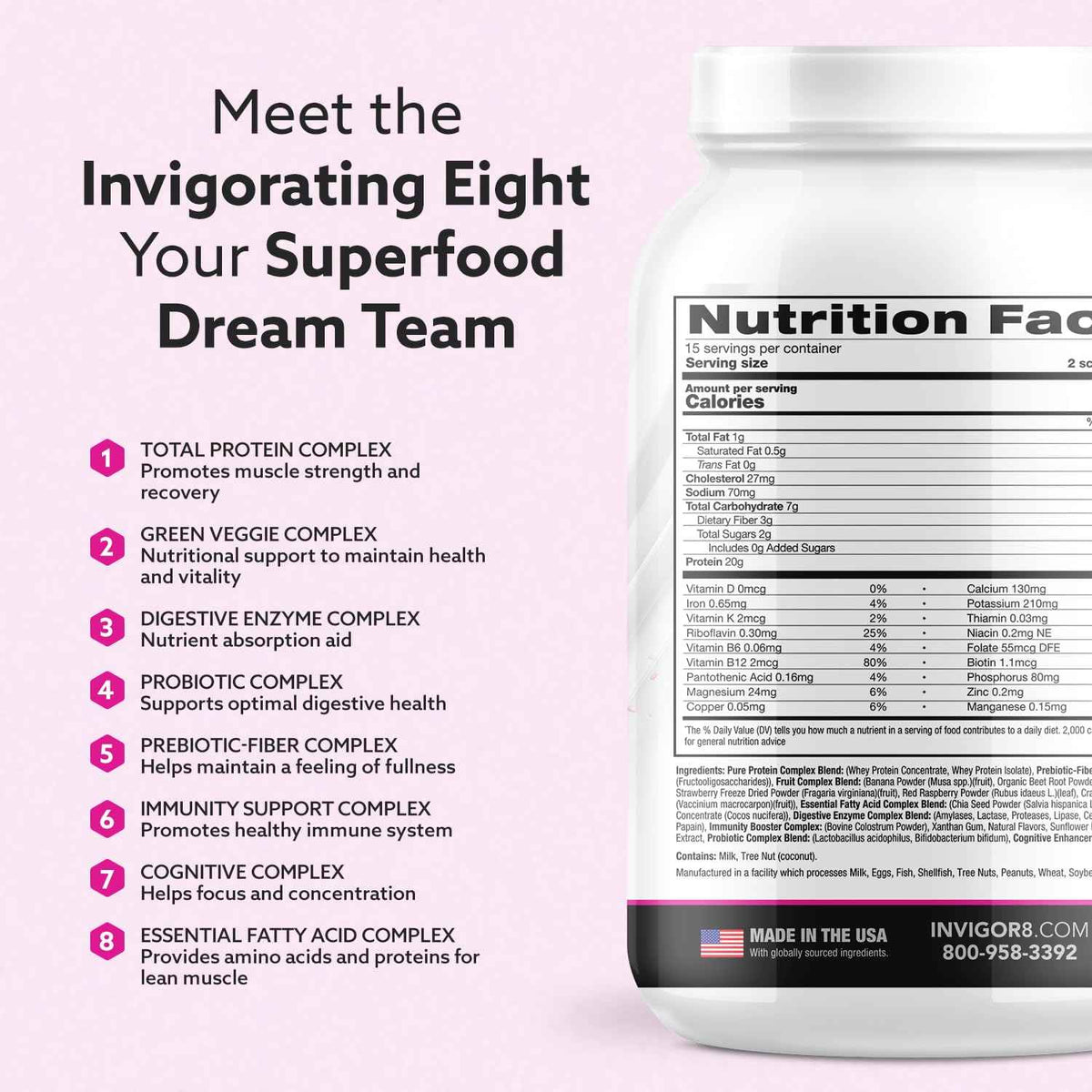 INVIGOR8 Superfood Grass Fed Whey Protein Isolate Shake Natural Strawberry Gluten-Free and Non GMO Meal Replacement with Probiotics and Omega 3 (645g)
