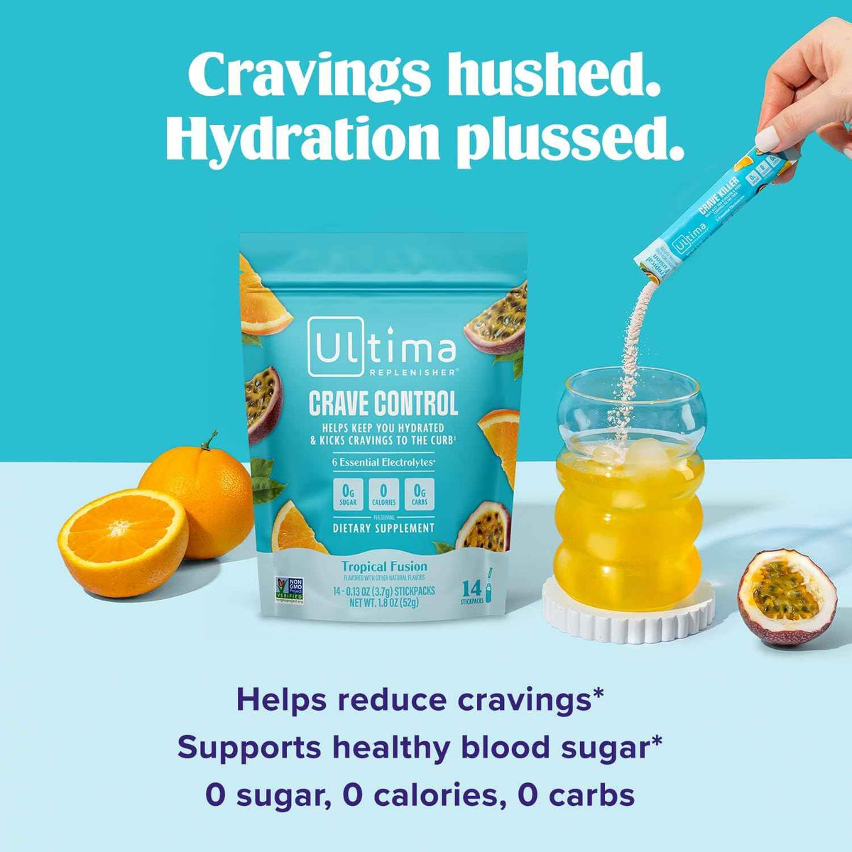 Ultima Replenisher Crave Control Supplement, Tropical Fusion, 14 Stickpacks - Daily Zero Sugar Electrolyte Powder Hydration Packets with 6 Key Electrolytes & Chromax to Help Curb Cravings - Keto Friendly