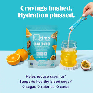 Ultima Replenisher Crave Control Supplement, Tropical Fusion, 14 Stickpacks - Daily Zero Sugar Electrolyte Powder Hydration Packets with 6 Key Electrolytes & Chromax to Help Curb Cravings - Keto Friendly