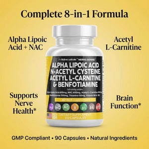 Alpha Lipoic Acid 600mg N-Acetyl Cysteine 600mg Acetyl L-Carnitine 500mg Benfotiamine 300mg - Nerve Support Supplement for Women and Men with Vitamin B1 B6 & B12 - Made in USA 90 Caps Clean NutraceuticalsBuy Supplements Australia