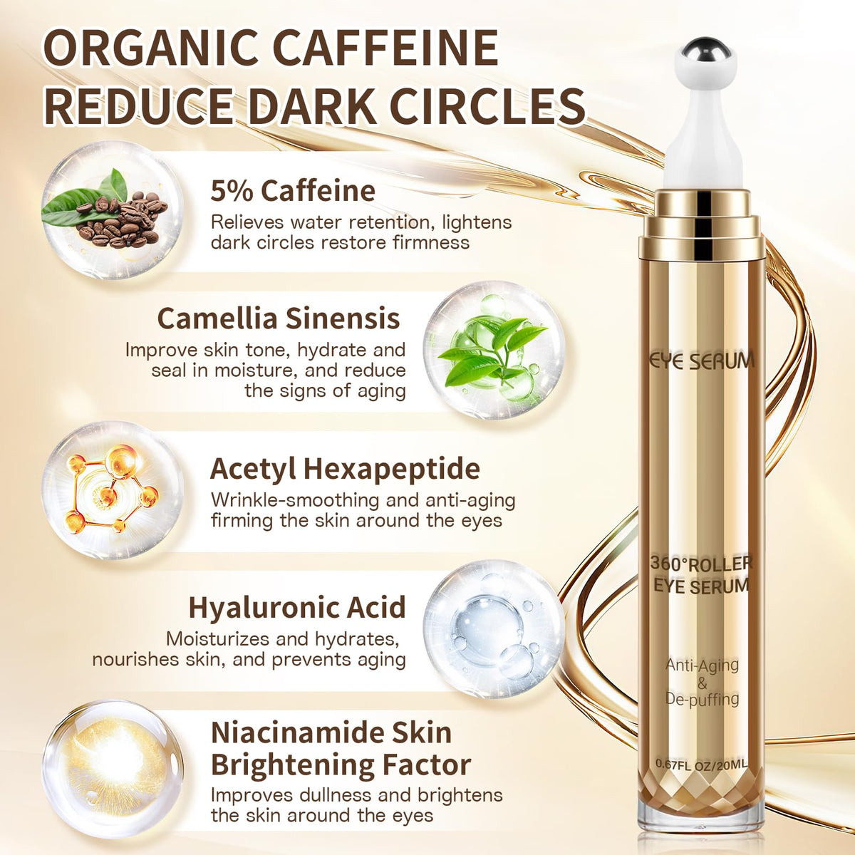 5% Caffeine Eye Serum with 360° Cooling Massage Ball (0.67 fl oz) - Rapid Treatment for Dark Circles, Puffiness & Eye Bags | Hyaluronic Acid Anti-Aging Serum for Men & Women