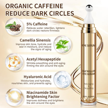 5% Caffeine Eye Serum with 360° Cooling Massage Ball (0.67 fl oz) - Rapid Treatment for Dark Circles, Puffiness & Eye Bags | Hyaluronic Acid Anti-Aging Serum for Men & Women