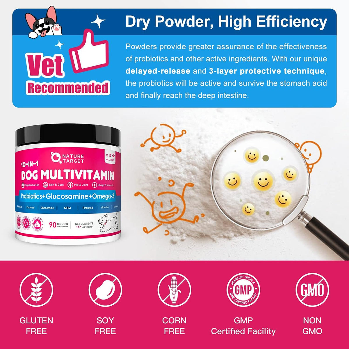 NATURE TARGET Dog Vitamins Powder, Probiotics & Digestive Enzymes for Gut Health, Glucosamine & Chondroitin & Omega 3, Complete Supplement for Homemade Dog Food, Joint & Skin & Immune Support - Probiotics & Digestive Enzymes for Gut Health, Glucosamine &