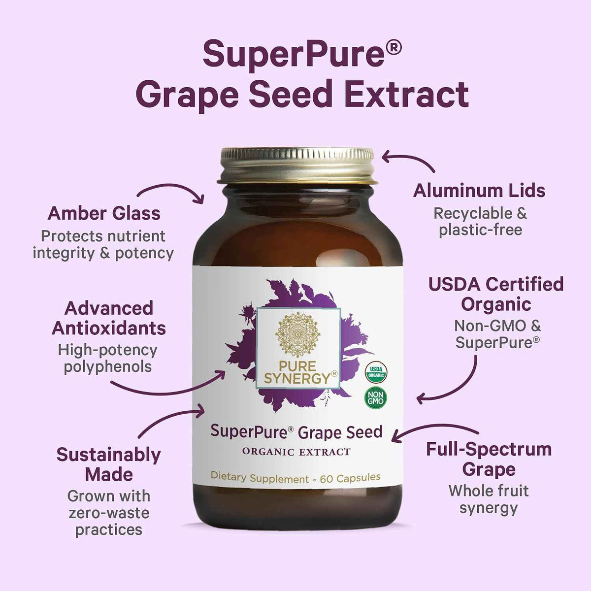 Pure Synergy SuperPure Grape Seed Extract - Organic Grape Seed Polyphenols Supplement with Whole Fruit - for Heart Health, Skin, and Healthy Aging Support (60 Capsules)