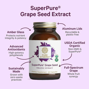 Pure Synergy SuperPure Grape Seed Extract - Organic Grape Seed Polyphenols Supplement with Whole Fruit - for Heart Health, Skin, and Healthy Aging Support (60 Capsules)