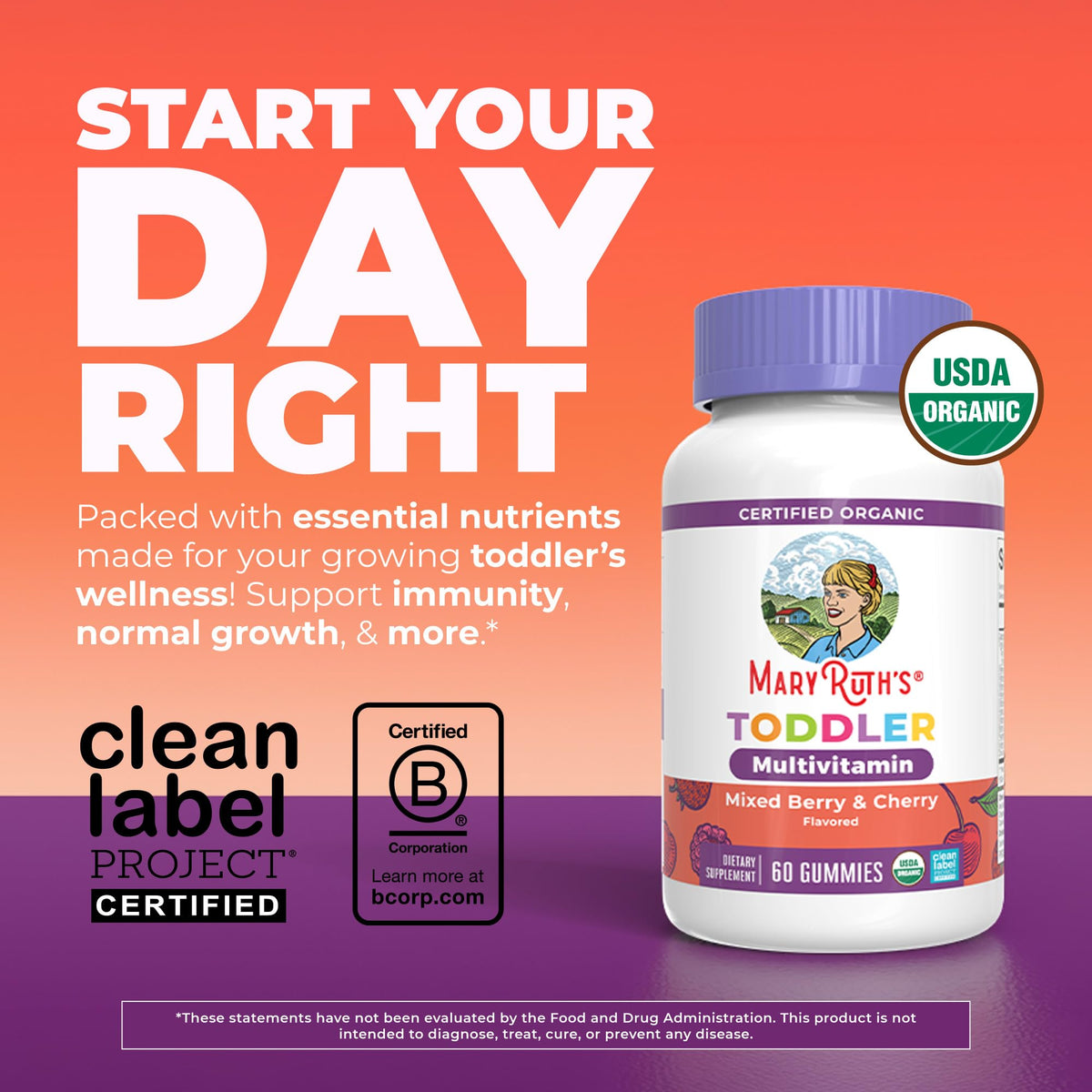 MaryRuth's Toddler Multivitamin Gummies - USDA Organic - 2 Month Supply - Kid & Toddlers Age 2+ Daily Multivitamin: Vitamin C, D3, Zinc - Kids Vitamins - Only 1 Gummy Per Day - 60 Ct (60 Day Supply)