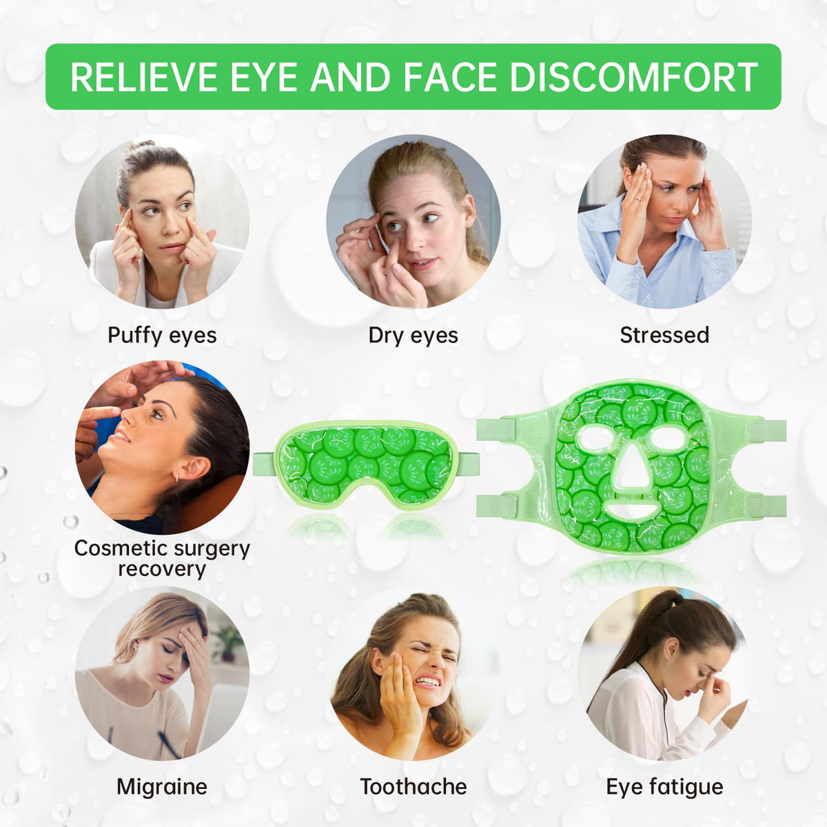 ZNÖCUETÖD Eye & Face Ice Mask (Cucumber Green) – Refreshing Gel Pack for Puffy Eyes, Dark Circles, Migraines & Sinus Relief | Soft Plush Backing