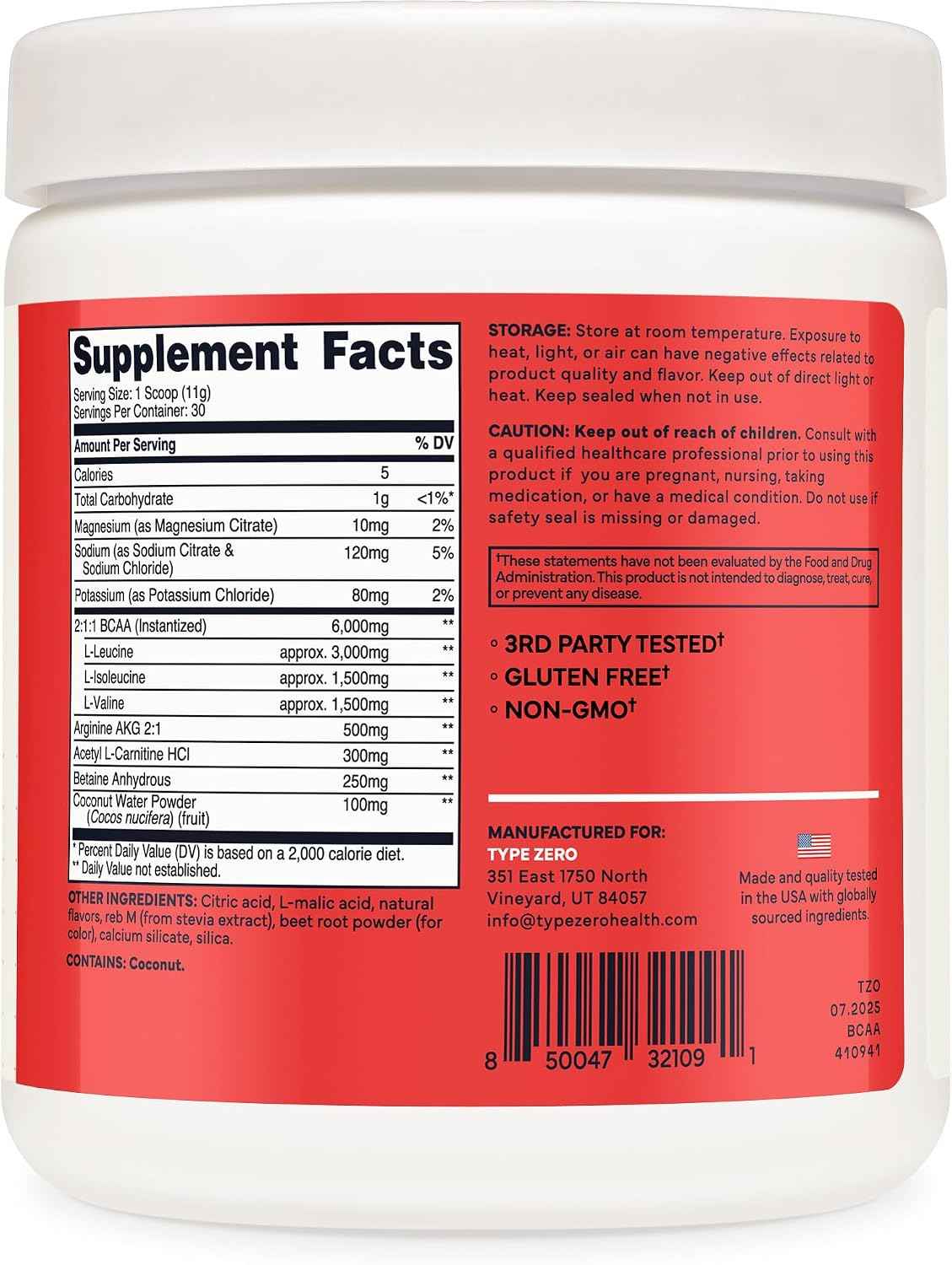 Type Zero Ultra Clean Vegan BCAA Powder + Electrolytes Tropical Fruit Punch - 6g Per Serving, 2:1:1 Sugar-Free, No Sucralose, BCAAs Amino Acids Supplement, After Workout Drink, 30 Servings