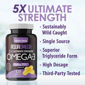 5X Ultimate Strength Omega 3 Fish Oil Supplements with High DHA and EPA Omega 3 Fatty Acids, Fish Oil Supplement with Vitamin D