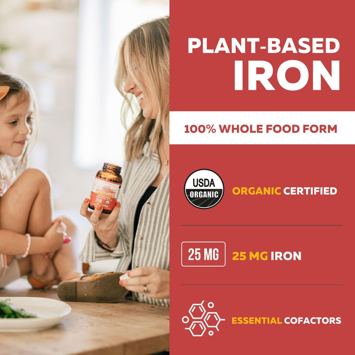 Organic Iron Supplement - Whole Food Mineral & Cofactors, 25 mg Elemental - Enhanced Absorption Plus Blood Health Vitamins - Gentle Form - Supports Healthy Levels & Blood Health - 90 Capsules