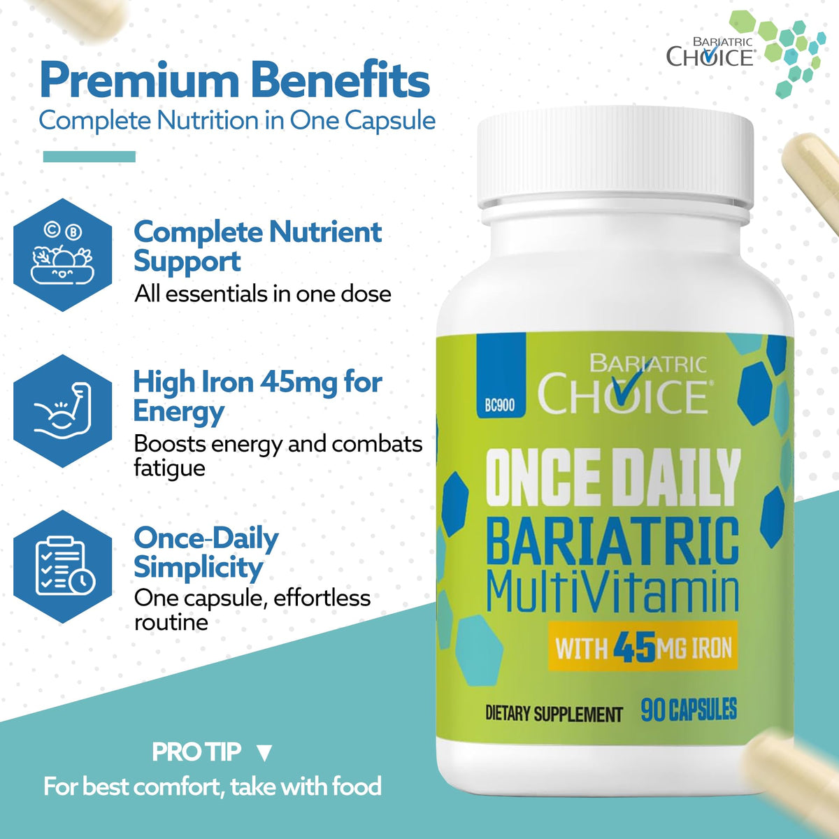 Bariatric Choice Once-Daily Bariatric Multivitamin with 45 mg of Iron - Easy to Swallow Capsule - Vitamin for Bariatric Surgery Patients