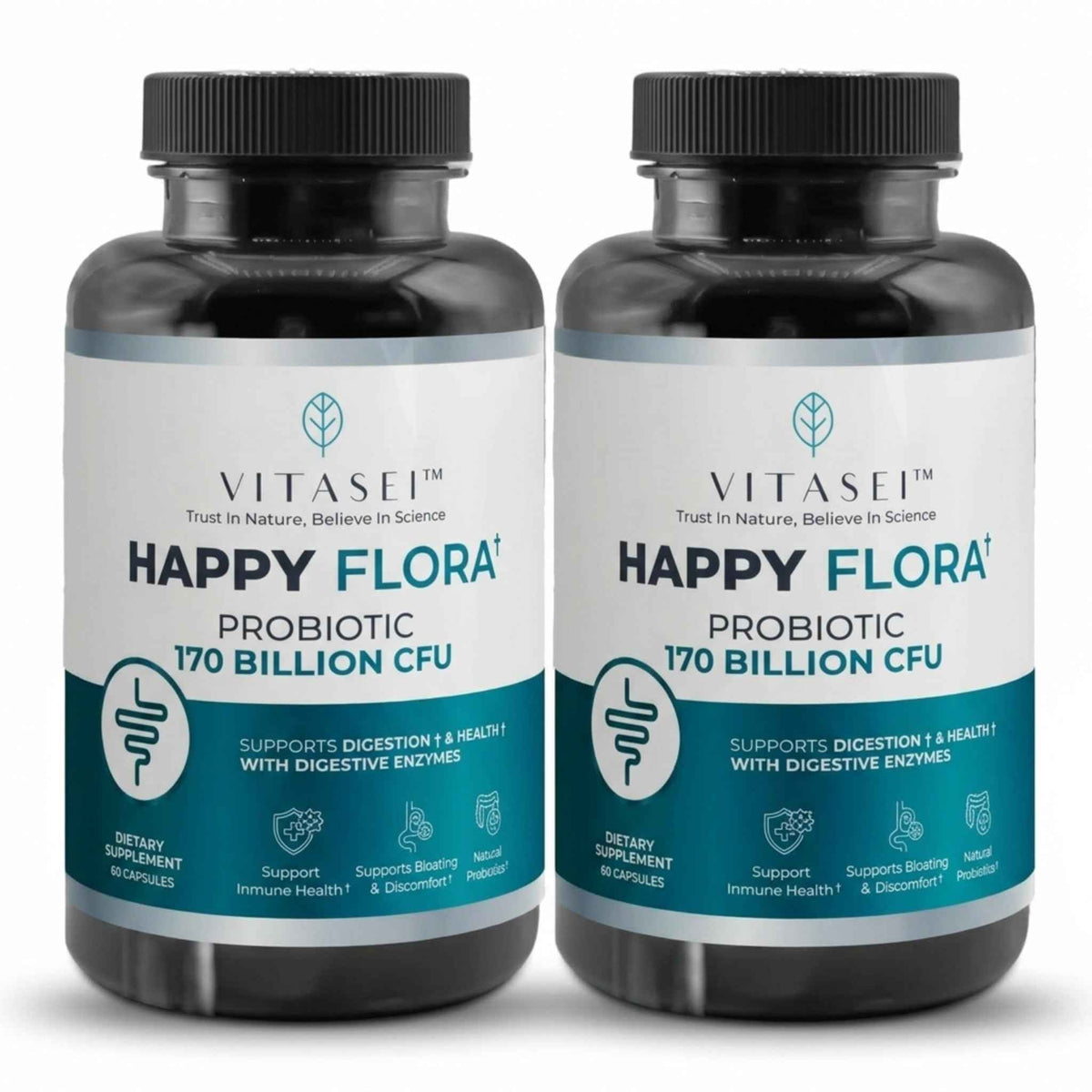 VITASEI Happy Flora Probiotic Supplement - 170 Billion CFU with Digestive Enzymes - Gut Health and Metabolic Support for Women and Men - 120 Capsules 2-Month Supply