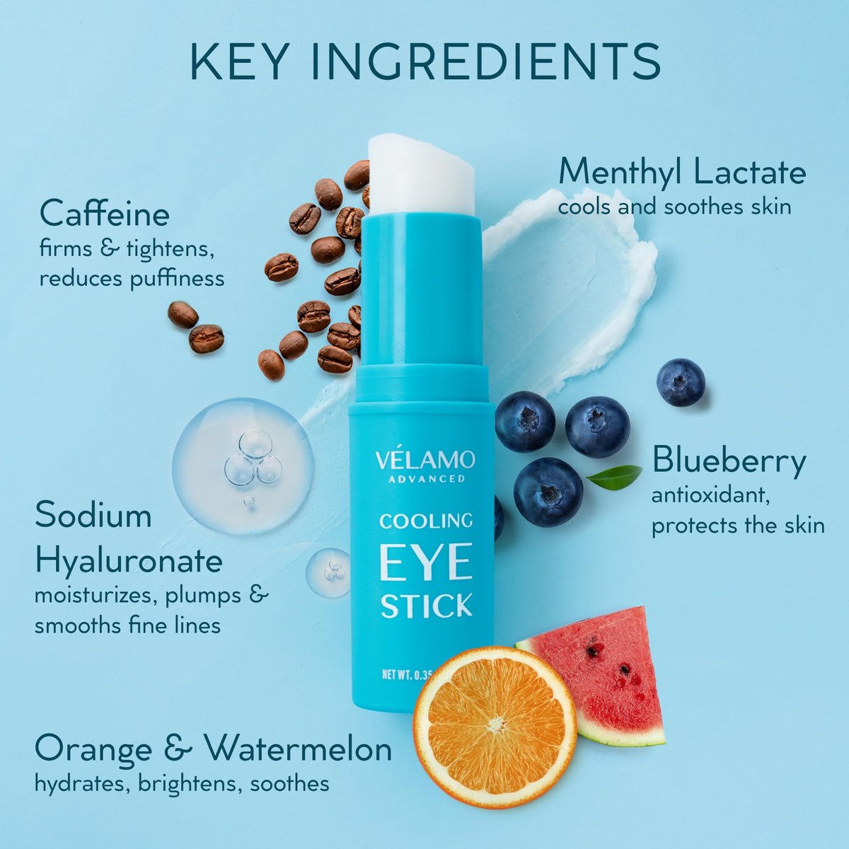 Cooling Eye Balm Stick with Caffeine & Hyaluronic Acid (0.35 oz) - Portable Brightening & De-Puffing Treatment for Dark Circles