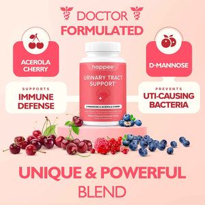 Happee Urinary Tract Health Supplement for Women & Men, Fast-Acting UTI Relief and Prevention, 500mg D-Mannose & Antioxidants, Supports Kidney and Bladder Health, Berry Flavor, 60 Chewables