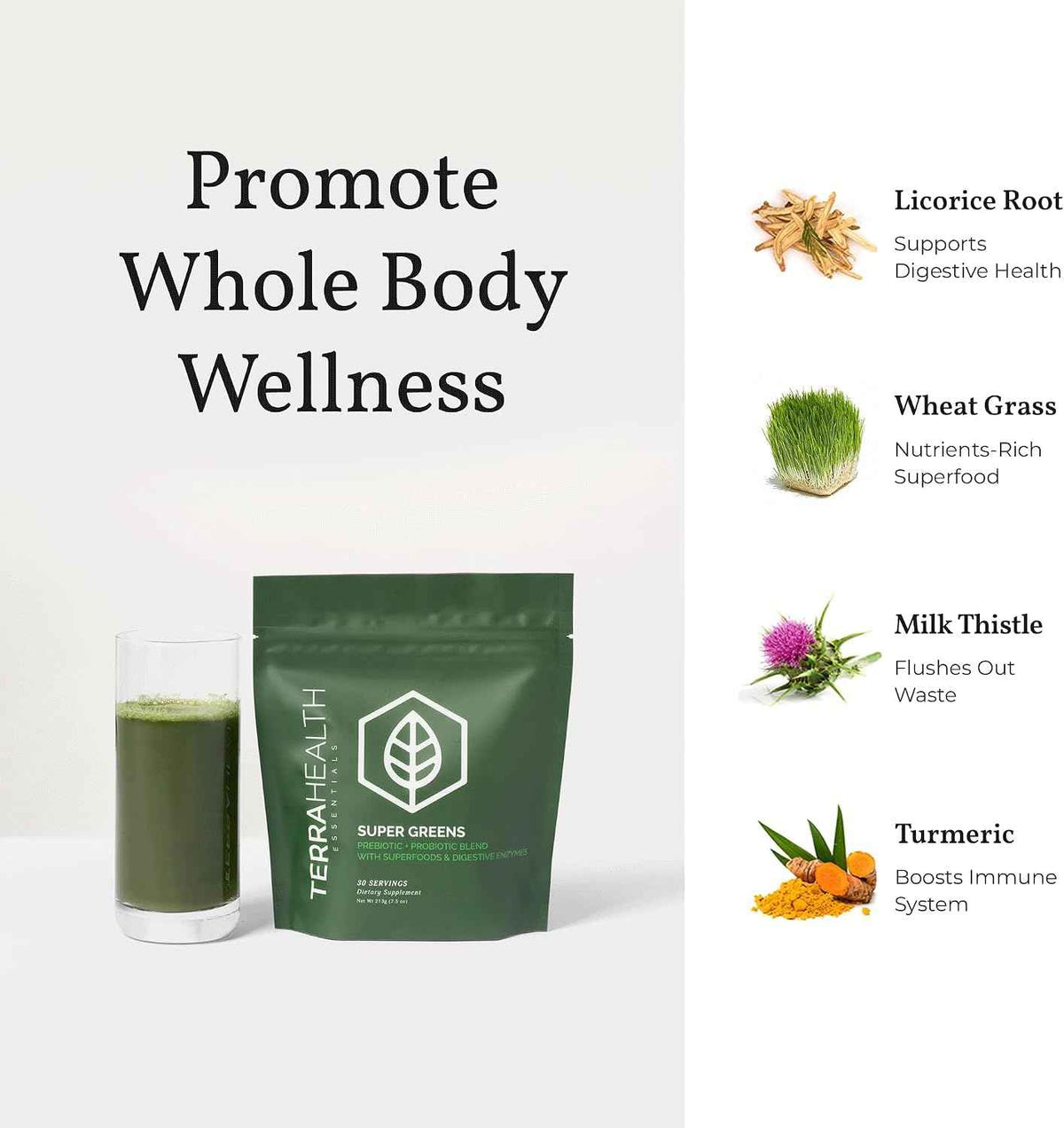 Terra Health Essentials Super Greens - Organic Superfood Greens Powder - Gluten-Free Gut-Friendly Probiotics - 30 Servings