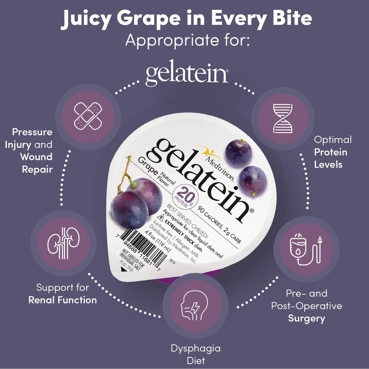 Medtrition Gelatein Grape - High Protein, Sugar Free Gelatin with 20 grams of protein | Ideal for clear liquid diets, swallowing difficulties, bariatric, dialysis and oncology (12 Pack)