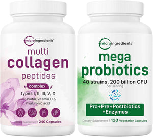 Micro Ingredients 8-in-1 Multi Collagen Pills & Mega Probiotics 200 Billion CFU Veggie Capsules - 2 Pack Bundle - Hydrolyzed Peptides + Hyaluronic Acid & Vitamin C - 40 Strains + Inulin & Bromelain