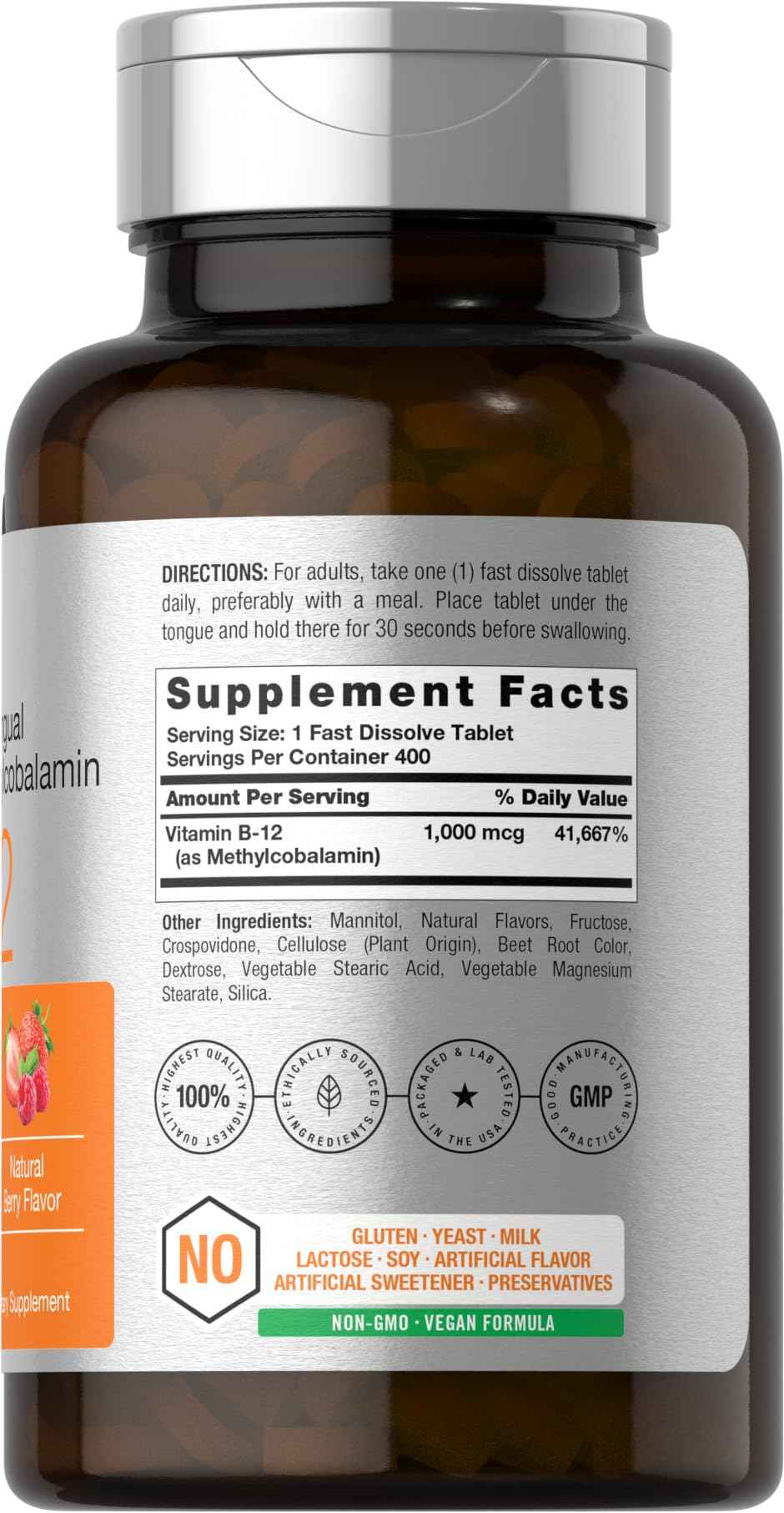 Horbaach Vitamin B12 1000 mcg Sublingual - 400 Fast Dissolve Tablets - Methylcobalamin Supplement for Women and Men