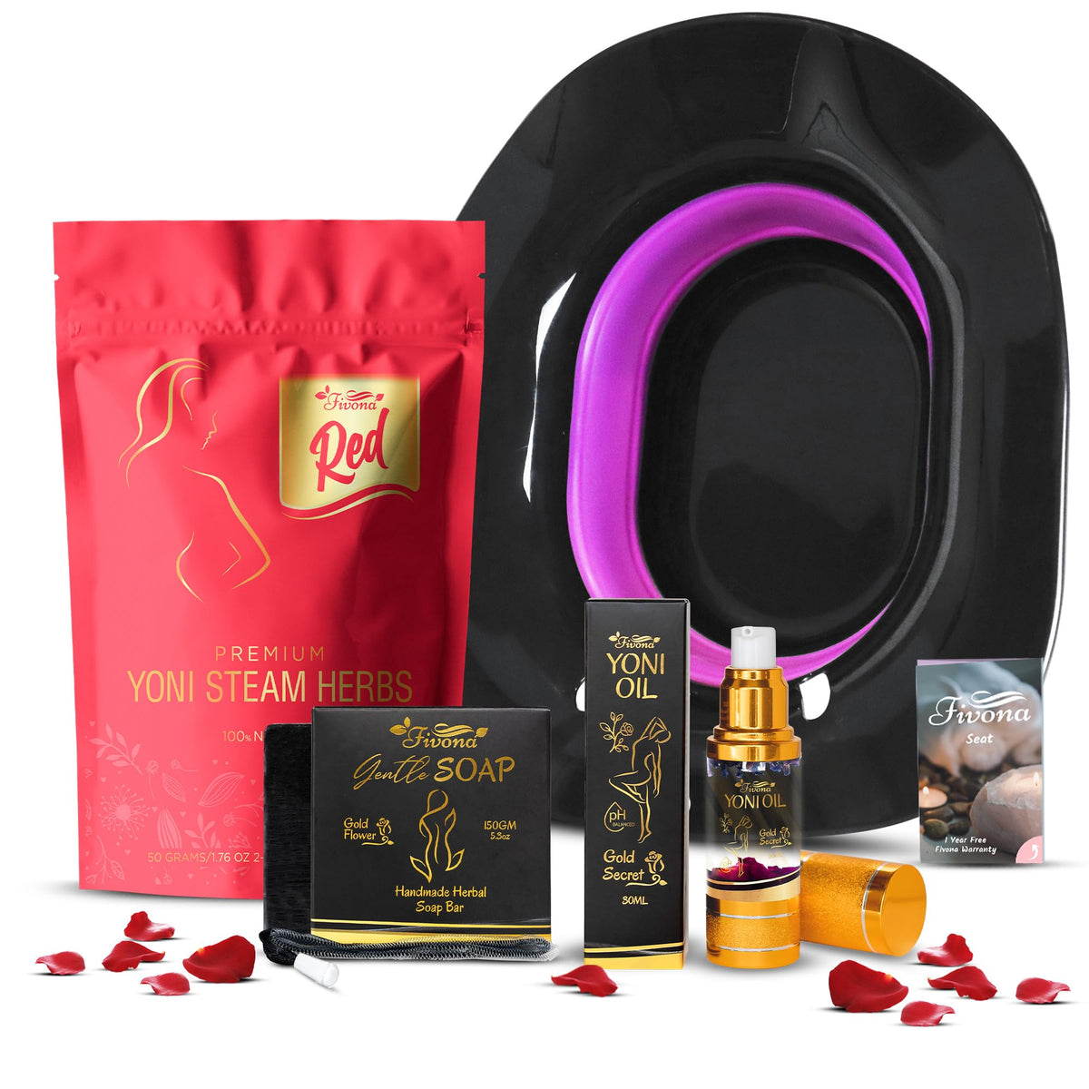Fivona 4-in-1 Feminine Care Kit, Yoni Oil, Yoni Soap, Yoni Steaming Pot and Red Premium V Steam Herbs