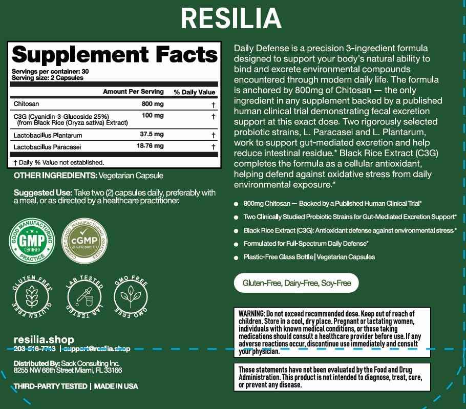 Resilia Daily Defense Capsules - Chitosan 800mg + Probiotics & Black Rice Extract - Digestive & Gut Health Support - Antioxidant Formula - Non-GMO, Gluten-Free, 60 Capsules