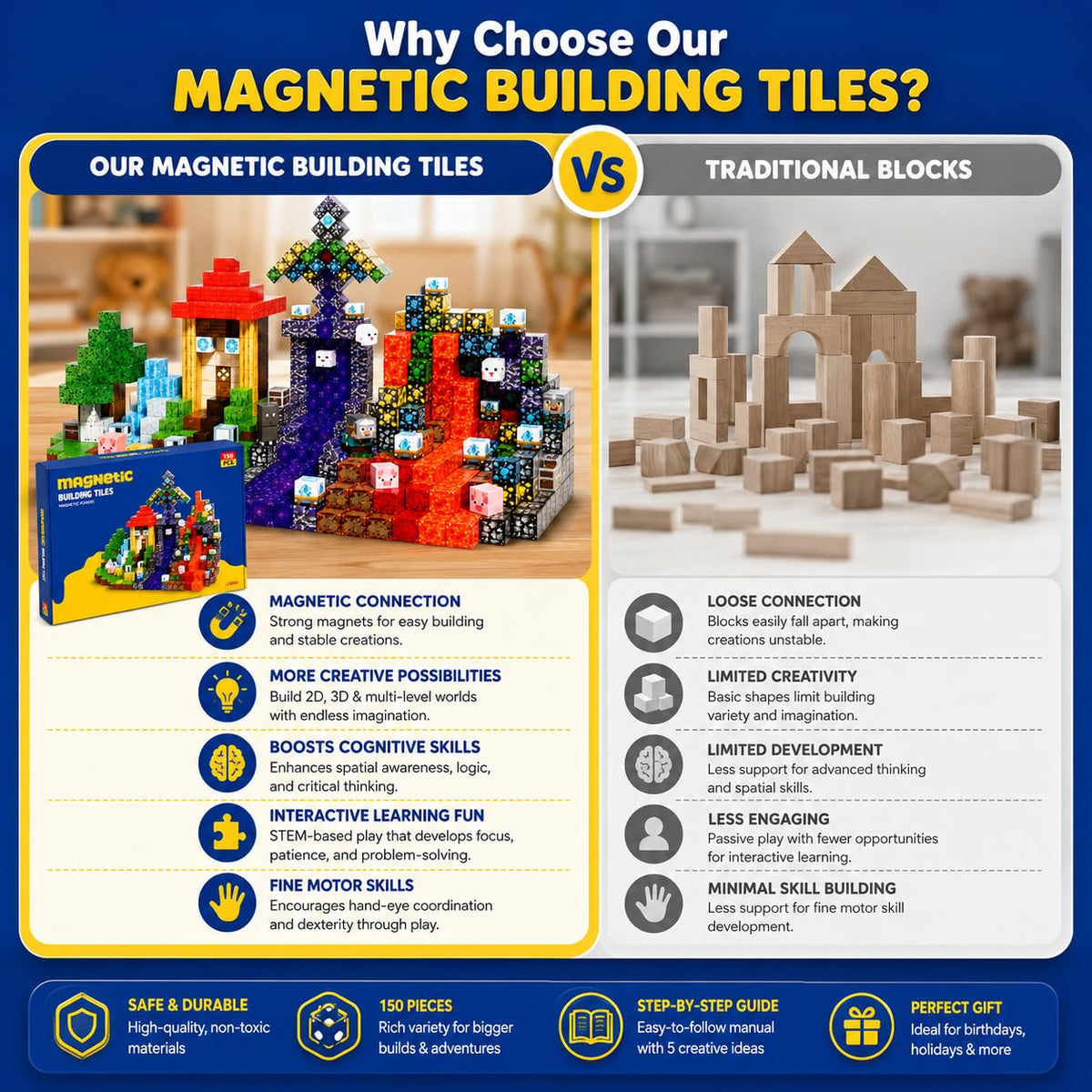 Magnetic Building Blocks 150PCS, 0.8in Stacking Cubes STEM Toy Kids Ages 3+