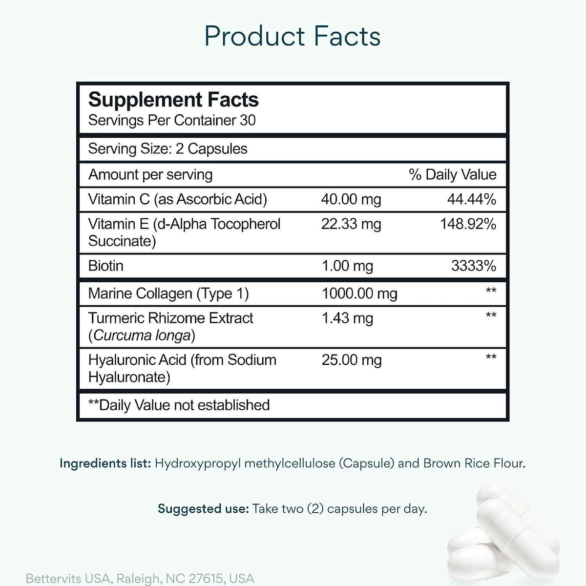 Bettervits Collagen Peptides Complex with Hyaluronic Acid & Turmeric - Hydrolyzed Marine Collagen Supplements for Women & Men - Collagen with Vitamin C for Skin, Hair, Nails & Joints - 60 Capsules