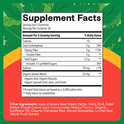 SmartyPants Kids Fiber & Veggies: Prebiotic Fiber Gummies for Kids, Fiber Supplement with Inulin, Organic Green Veggie Blend, Vegan, Gluten Free, Mixed Berry Flavor, 60 Count (30 Day Supply)