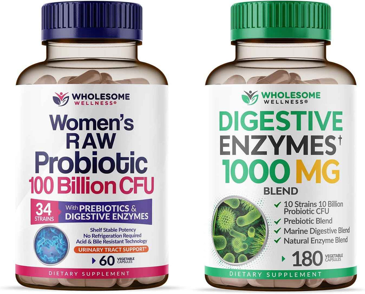 Wholesome Wellness Dr. Formulated Raw Probiotics for Women 100 Billion CFUs + Digestive Enzymes 1000MG Plus Prebiotics & Probiotics Supplement Bundle