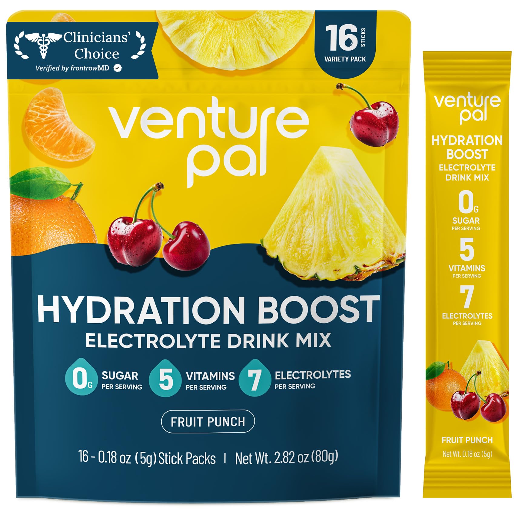 Venture Pal Sugar Free Electrolyte Powder Packets, Keto Friendly, 16 Sticks - Liquid Daily IV Hydration Packets for Rapid Rehydration. 7 Electrolytes & 5 Vitamins - Non-GMO - Vegan - Fast Dissolve