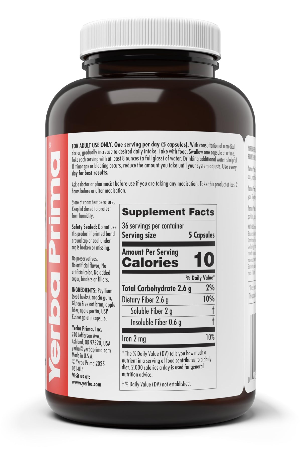 Yerba Prima Soluble Fiber Formula Capsules, 180 Count - Premium Dietary Fiber Supplement, Natural, Concentrated Soluble Fiber, Gluten Free, Non-GMO, Made in USA