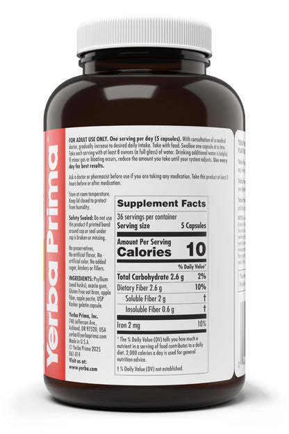 Yerba Prima Soluble Fiber Formula Capsules, 180 Count - Premium Dietary Fiber Supplement, Natural, Concentrated Soluble Fiber, Gluten Free, Non-GMO, Made in USA