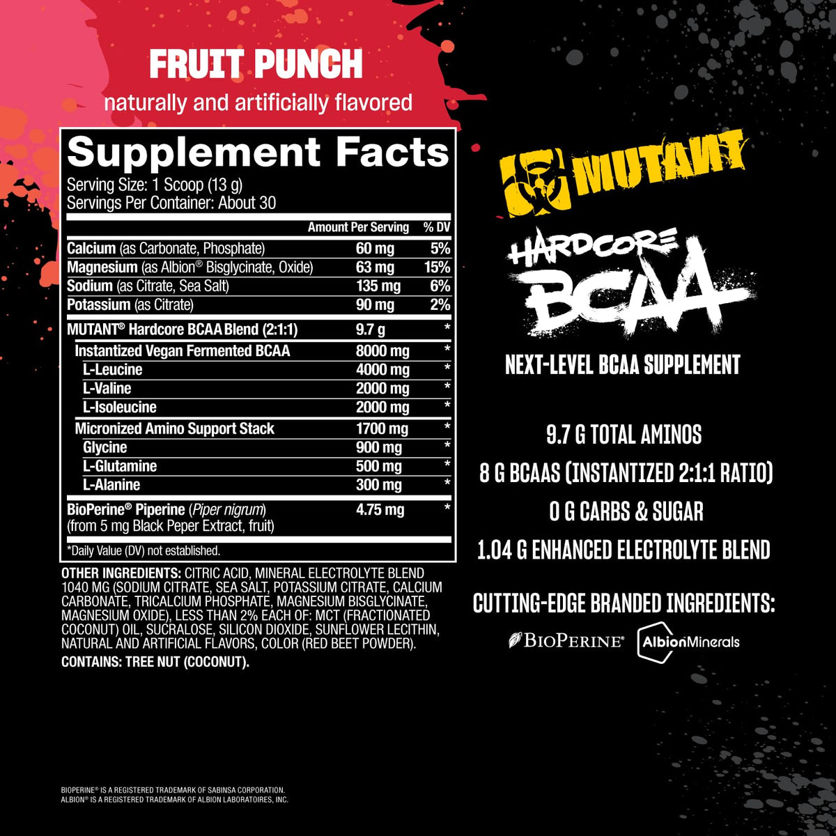 Mutant Hardcore BCAA - Pre, Intra or Post Workout - BCAA Next Level branched-Chain Amino Acids Supplement - Hydration + Recovery - 30 Serving - Blue Raspberry