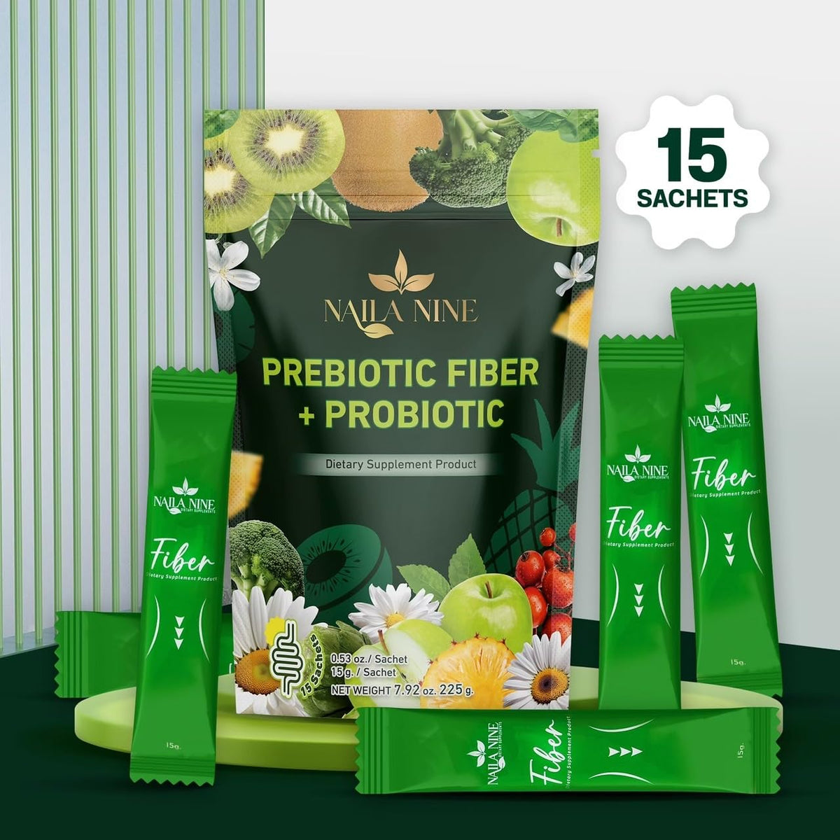 NAILA NINE Prebiotic Fiber Supplement Powder Apple and Kiwi Flavour Pack of 15 Sachets