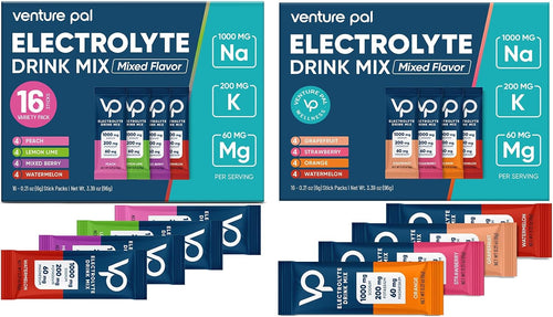 Venture Pal High Sodium Sugar-Free Electrolyte Powder Combo Pack - Hydration Drink Mix with Sodium, Potassium & Magnesium - Keto, Vegan & Paleo Friendly - Zero Calories - 32 Sticks Total
