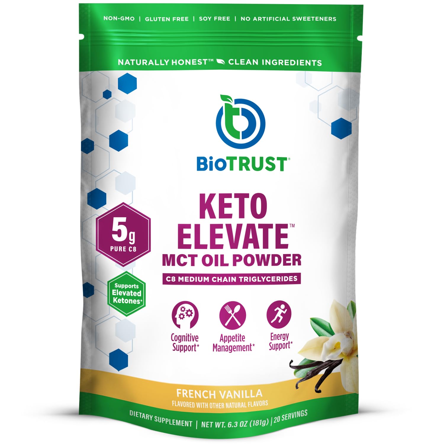 BioTrust C8 MCT Oil Powder, Keto Creamer, 100% Caprylic Acid, FrenchVanilla
