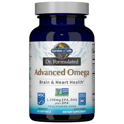 Garden of Life Dr. Formulated Advanced Omega Fish Oil, 1,290mg EPA, DHA & DPA in Triglyceride Form - Omega 3 Fish Oil Supplement for Heart Health & Brain Support, Non-GMO, Citrus Flavored, 60 Softgels