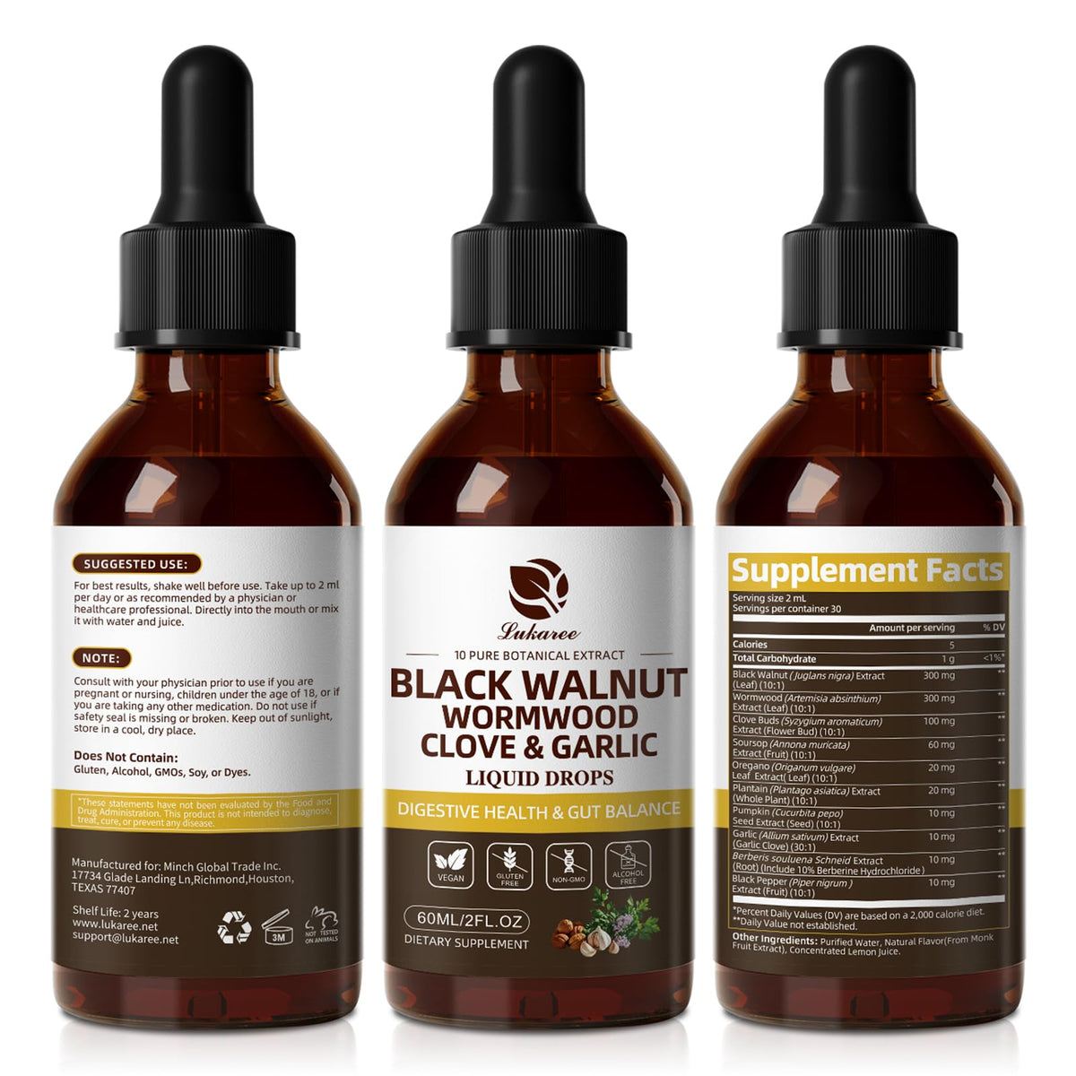 Wormwood Black Walnut Clove Cleanse Tincture - Gut Health & Detox - with Garlic Pumpkin Seeds Soursop Oregano - Digestive & Intestinal Support for Humans - Vegan, Herbal Blends, Liposomal Tech
