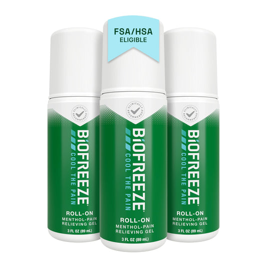 Biofreeze Roll On Pain Relief for Knee, Neck, Hip, Joint, Shoulder, & Simple Backache, Arthritis Pain Reliever, Sore Muscle Relief, Roll On Menthol Gel 3 Fl Oz (Pack of 3)