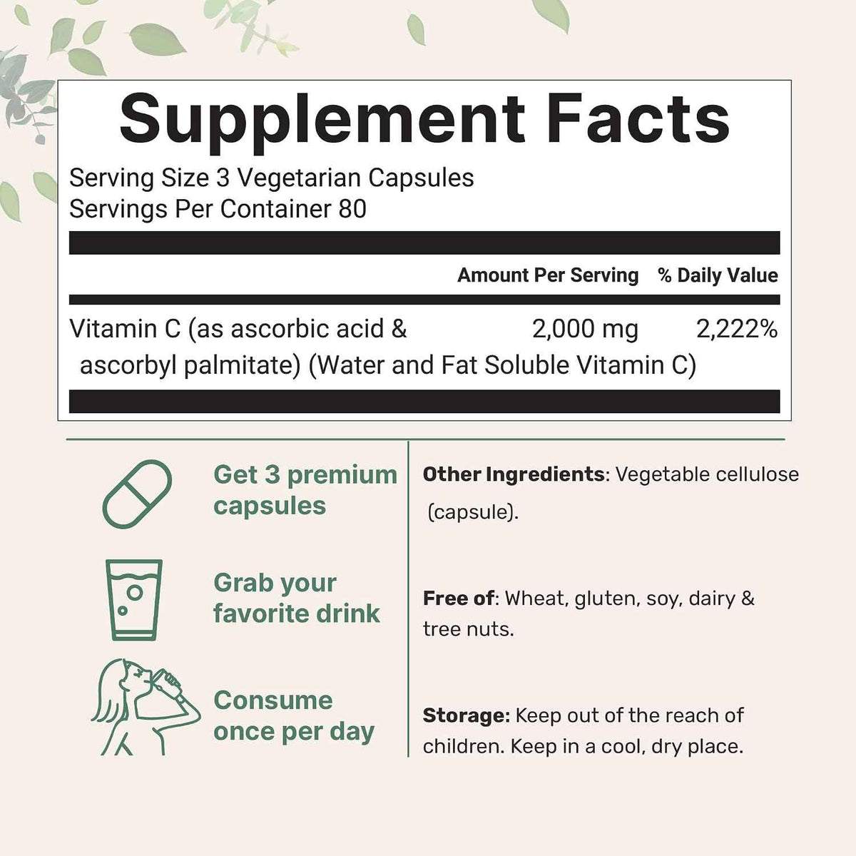 Pure Vitamin C 2,000mg, 240 Veggie Capsules - Highly Bioavailable Fat & Water Soluble Forms - Max Potency - Antioxidant & Immune Support Supplement - Easily Absorbed, Non-GMO, Filler Free