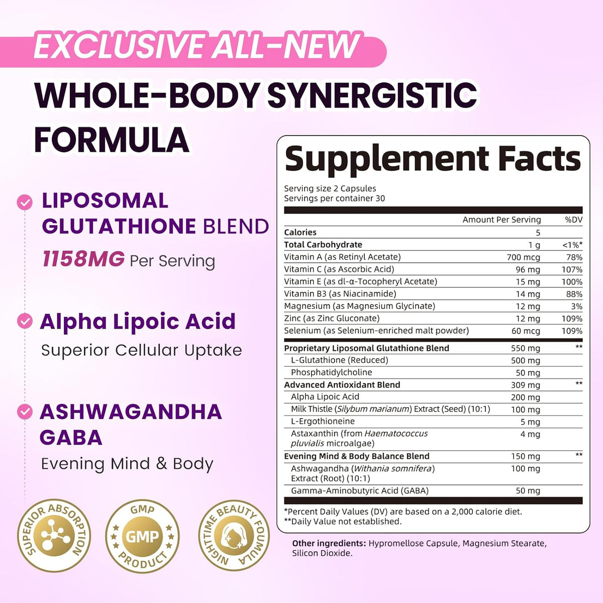 Liposomal Glutathione 1158mg with Astaxanthin for Skin Health 60 Vegan CT - 15-in-1 with Milk Thistle, Alpha Lipoic Acid, Antioxidant Complex for Nighttime Skin Radiance, Cellular Health & Liver Detox