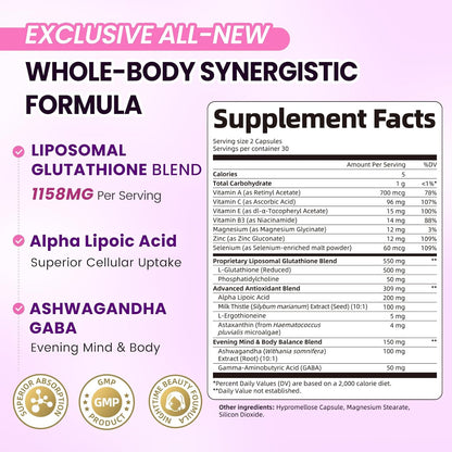 Liposomal Glutathione 1158mg with Astaxanthin for Skin Health 60 Vegan CT - 15-in-1 with Milk Thistle, Alpha Lipoic Acid, Antioxidant Complex for Nighttime Skin Radiance, Cellular Health & Liver Detox